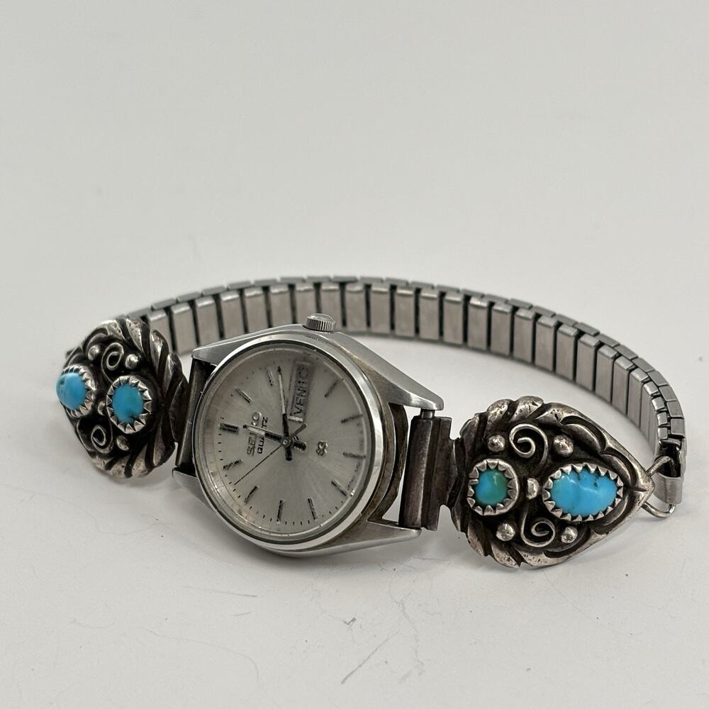 Vtg Seiko Quartz Watch Sterling Silver Turquoise Watch Tips Southwestern Navajo - Picture 13 of 13